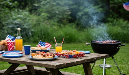 Outdoor American barbecue with grilled hot dogs and hamburgers, picnic table setting, summer celebration, patriotic theme.