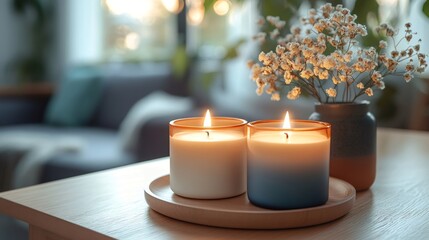 Burning scented candles creating cozy atmosphere in modern living room