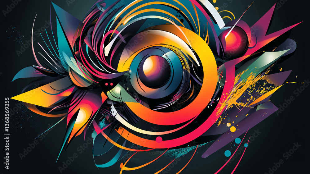 Poster colorful abstract design featuring layered angular and circular forms that create a dynamic visual e