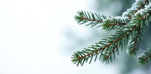Spruce tree branches on a white background with frost, spruce, white, bare