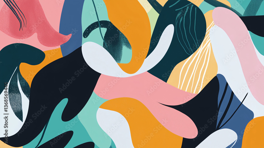 Poster vivid colorful abstract painting showcasing dynamic forms layered in angular and circular patterns c
