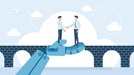 Obraz premium A giant robot hand provides support to people who are shaking hands. Cooperation concept of technology for business. Partnership with AI. Cooperation with Artificial Intelligence. Flat illustration