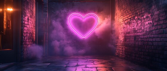 A neon illuminated heart on a brick wall in an alley