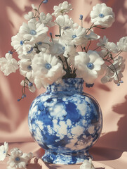 Blue and white ceramic vase with delicate white flowers. Elegant still life with soft shadows and pastel background.