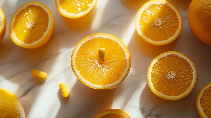 Fresh oranges arranged on a marble surface.
