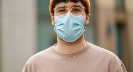 Young caucasian male with glasses wearing face mask outdoors