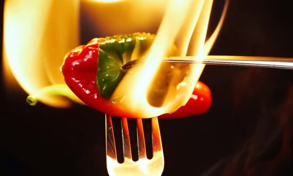 Hot red chili pepper on a fork in flames on a black background. Spicy food concept. Slow motion