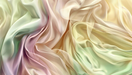 Obraz premium Dreamy pastel chiffon fabric showcasing soft flowing drapes and subtle ombre color transitions in gentle calming hues Soft natural light enhances