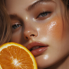 Woman holding orange slice, glowing skin.