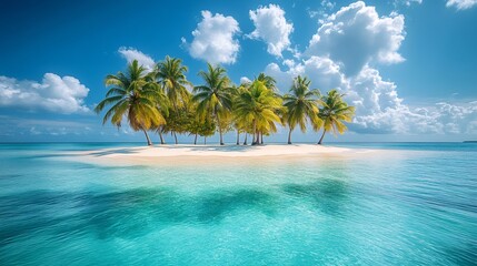 Palm trees growing on idyllic tropical island with white sand and turquoise water