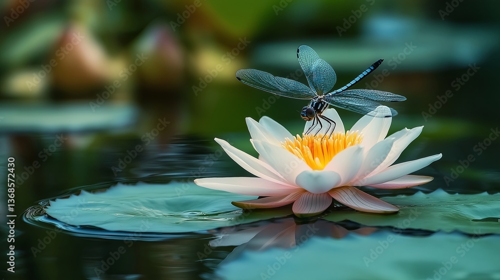 Poster A delicate dragonfly resting on a lotus floating in a tranquil pond