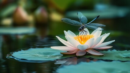 A delicate dragonfly resting on a lotus floating in a tranquil pond