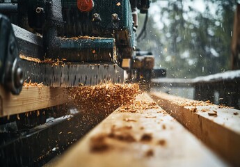 Lumber processing machine in action, wood shavings flying, snowy forest background. Potential use Industrial stock photography
