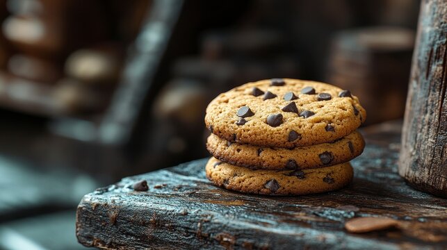 Stack of three tasty chocolate chip cookies, dark wood surface, and rustic setting
