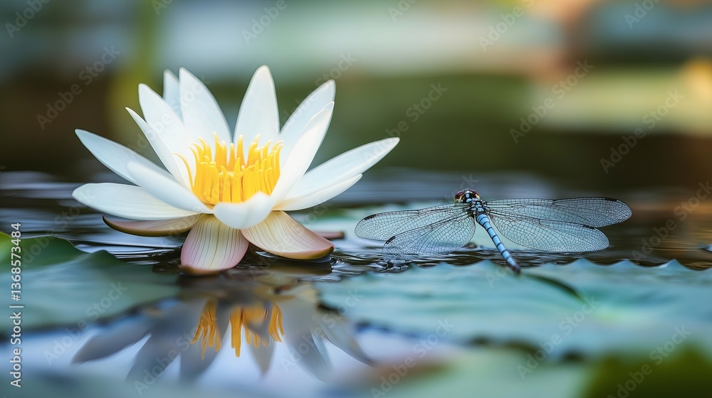 Poster A delicate dragonfly resting on a lotus floating in a tranquil pond