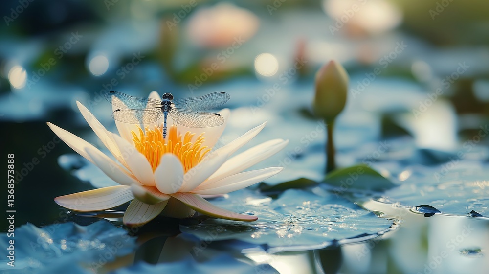Aufkleber a delicate dragonfly resting on a lotus floating in a tranquil pond