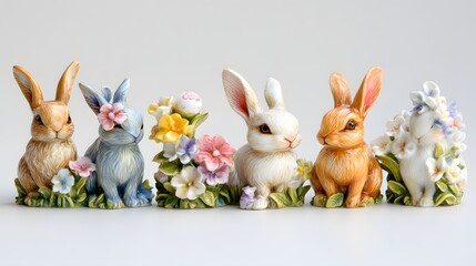 Ceramic Easter Bunny Figurines in Garden Setting