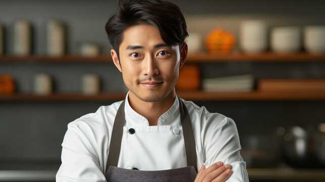 Young Asian chef smiling confidently in modern kitchen, wearing white chef coat and apron. background features kitchenware and ingredients, creating professional - Powered by Adobe