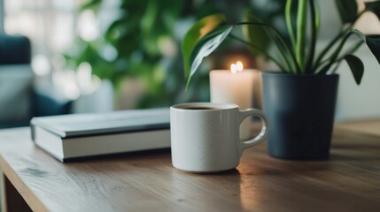 Cozy indoor setting with a cup of coffee, candle, book, and a plant on the table in a warm atmosphere