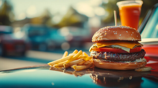 A burger with fries on a car hood next to a drink with cars in the background on a sunny day