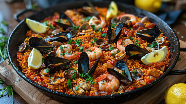 colorful seafood paella filled with shrimp, mussels, and lemon slices, garnished with fresh herbs, creating delightful culinary experience