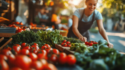 woman arranges fresh vegetables at vibrant market, colorful produce. warm sunlight creates cheerful , highlighting abundance of healthy options