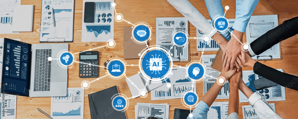 Poster this image showcases a collaborative workspace where a team engages with technology and analytics, u