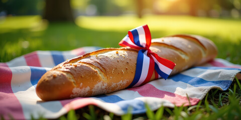 A freshly baked baguette with a ribbon rests on a checkered blanket in a sunlit park, symbolizing a festive outdoor gathering