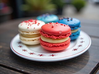 A colorful assortment of macarons displayed on a decorative plate showcases vibrant colors and various toppings, inviting indulgence and delight