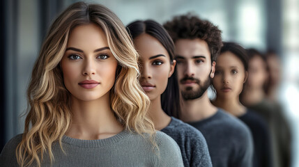 Fototapeta premium Diverse group of people standing in line, different hairstyles and expressions, with blurred background creating depth
