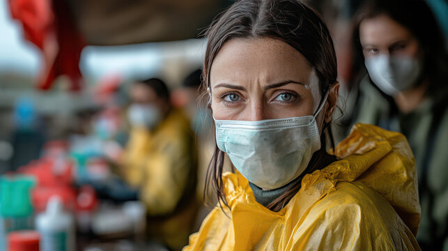 woman wearing yellow raincoat and face mask looks directly at camera, conveying determination and resilience. In background, other individuals are engaged in activities, also wearing masks