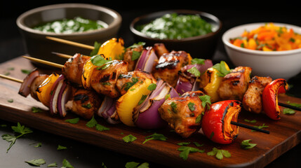 Grilled chicken skewers with colorful vegetables, garnished with herbs, served on wooden platter. Accompanied by green chutney and fresh salad, creating delightful meal