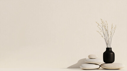 Zen Still Life: A minimalistic arrangement of smooth stones, a sleek black vase, and delicate dried floral elements embodies serenity and balance, creating a calming and evocative scene. 