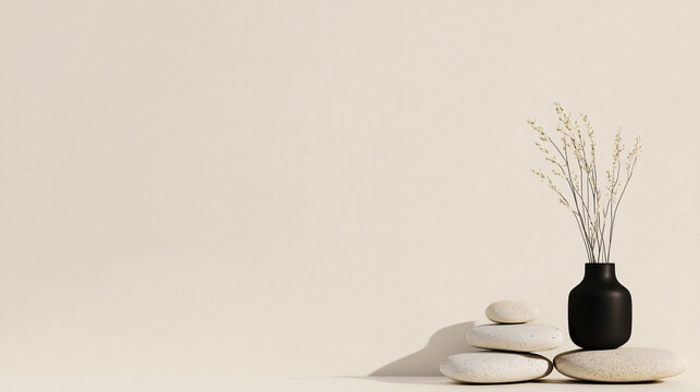 Zen Still Life: A minimalistic arrangement of smooth stones, a sleek black vase, and delicate dried floral elements embodies serenity and balance, creating a calming and evocative scene. 