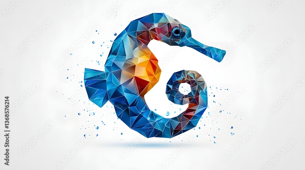 Poster a unique geometric illustration of a seahorse created with triangular shapes in an abstract style em