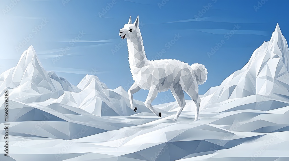 Poster an abstract polygonal minimalist illustration of an alpaca in motion captured in a creative style wi