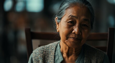 Obraz premium Elderly asian woman in a peaceful setting with thoughtful expression