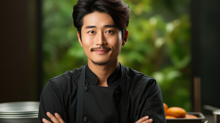 Young Asian chef smiling confidently in kitchen, wearing black uniform, with arms crossed. background features greenery and kitchen items, creating warm