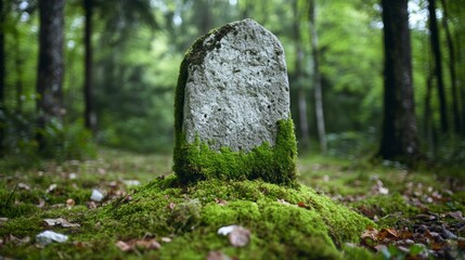Moss-covered stone marker in lush forest during daytime with soft natural lighting and vibrant greenery