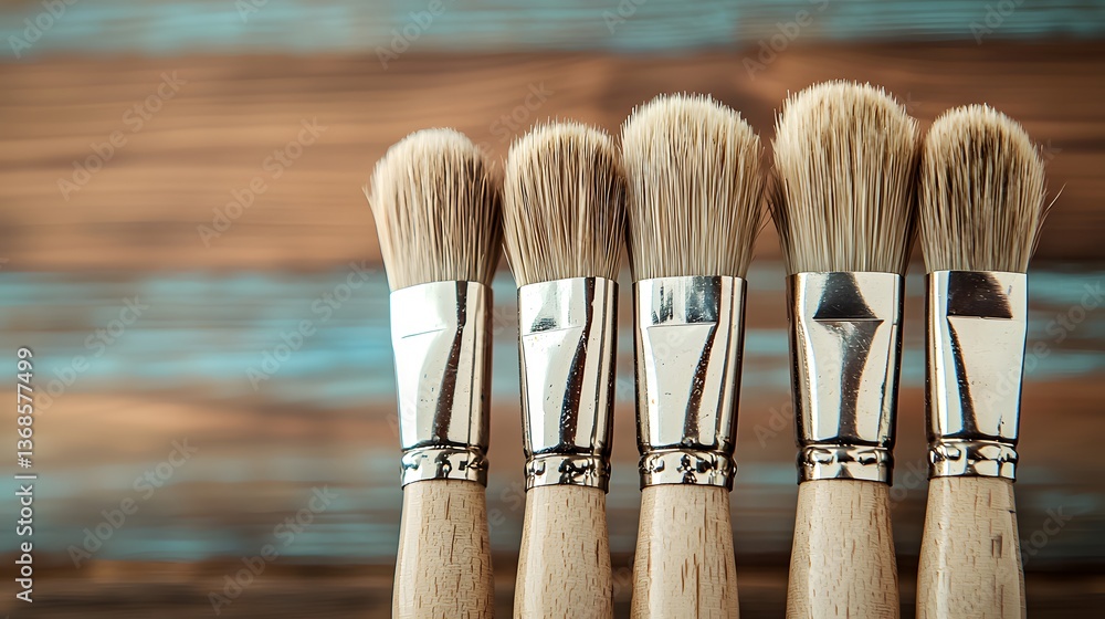 Poster a row of various handmade paintbrushes displayed on a table with muted colors creating a serene aest