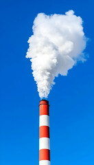 Red and white striped smokestack emitting thick white smoke against a vibrant blue sky