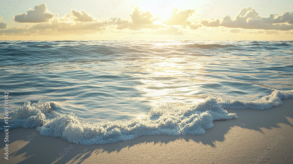 Aufkleber serene beach scene with gentle waves lapping at the shore under a golden sun setting on the horizon 