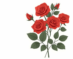 Red roses bouquet with buds and leaves isolated on white background