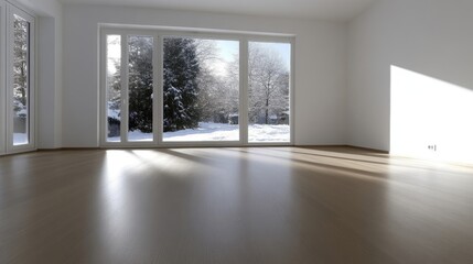 Obraz premium Sun-drenched winter home interior. Empty room with large windows, snow-covered landscape view. Clean, modern style