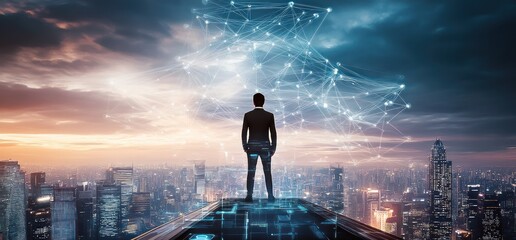 Un homme d'affaires en costume se tenant debout au sommet d'un immeuble, avec en arrière-plan un paysage urbain numérique et des connexions réseau représentant un concept technologique et futuriste.