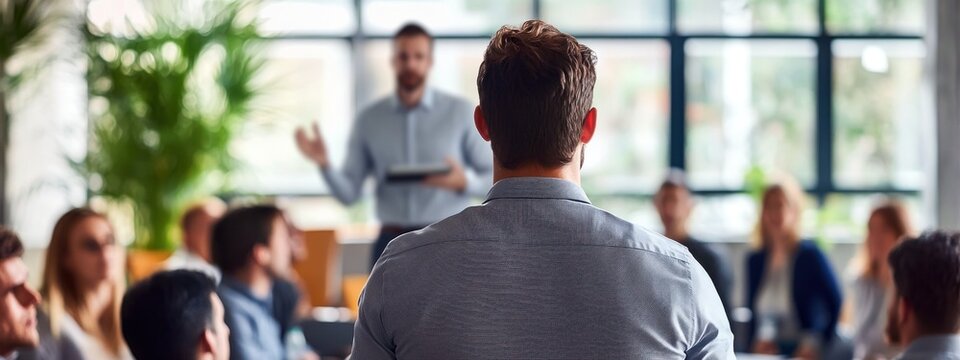 Un homme, vue de dos, regardant et &eacute;coutant une personne parler devant un groupe de gens flous lors d'une r&eacute;union de travail dans un bureau.