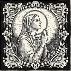 Fototapeta premium Reverent Serenity: A detailed illustration of a devout figure, radiating faith and devotion through every line, depicted in a detailed frame.