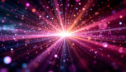 Fototapeta premium A mesmerizing and dynamic 3D abstract background featuring a burst of vibrant, glowing particles that emanate a stunning display of light rays and bokeh effects