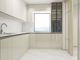 Modern kitchen with glossy beige cabinets, marble backsplash, and a large window for natural light. Features a sleek faucet, water dispenser in a glass cabinet, and sliding doors