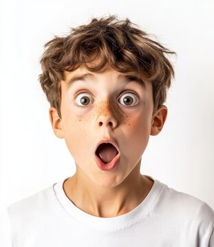 Teen boy making silly grimace - funny surprised face. Playful child isolated on white background. Emotional portrait of caucasian teenager looking at